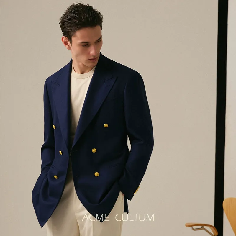 Merino Wool Navy Double-Breasted Blazer