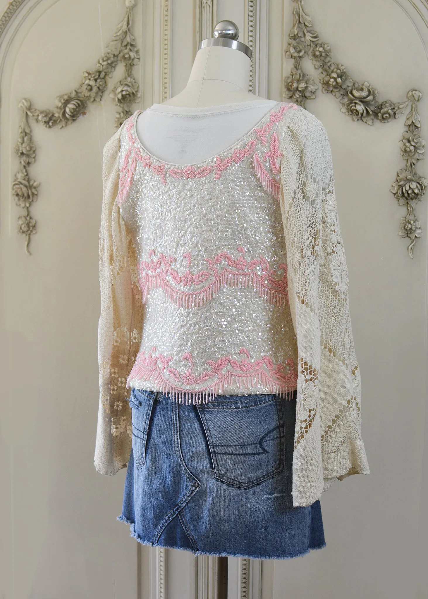 Mia Antique Hand Embroidered Creme & Pink Sequin Jacket with Filet Lace Sleeves