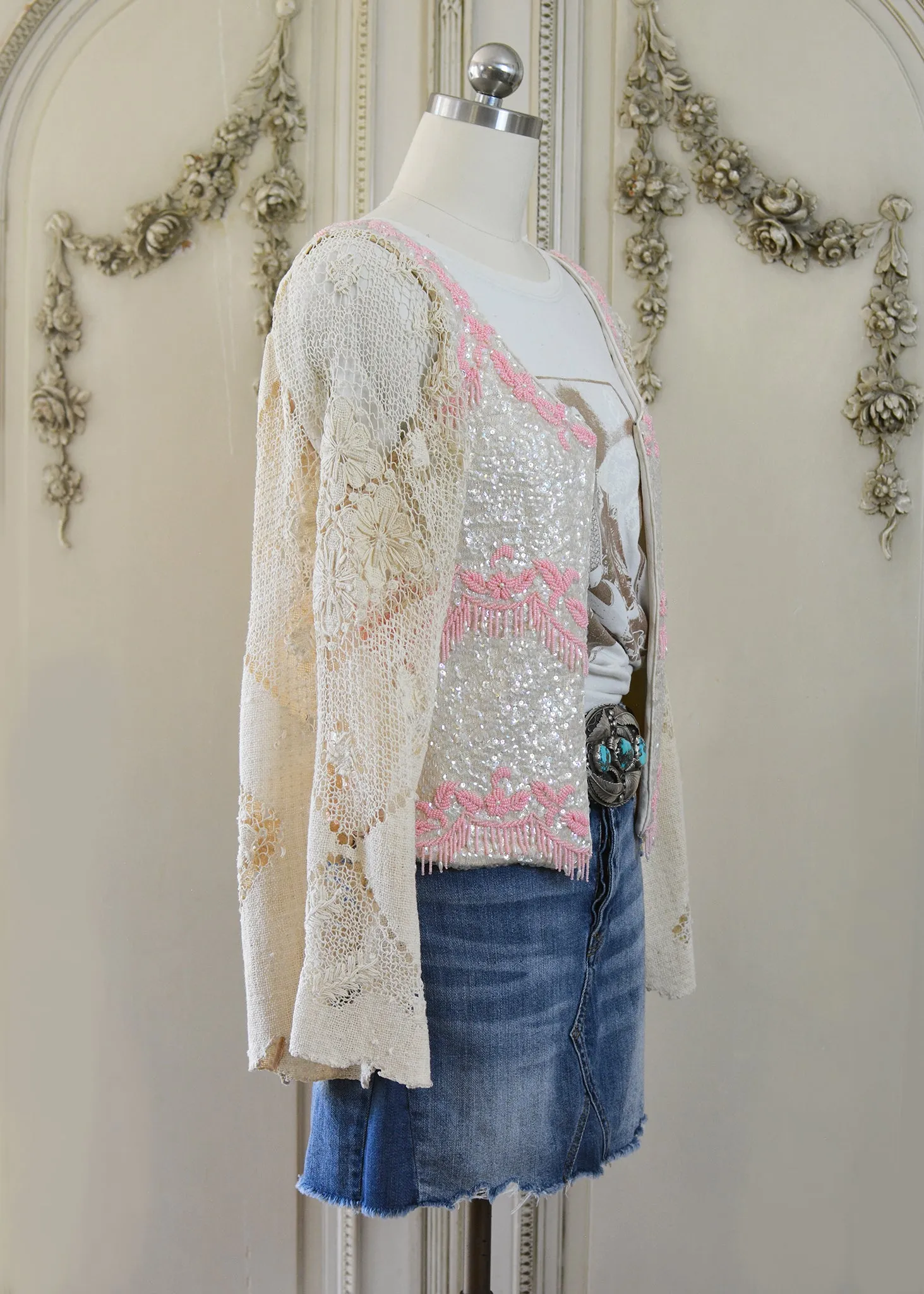 Mia Antique Hand Embroidered Creme & Pink Sequin Jacket with Filet Lace Sleeves