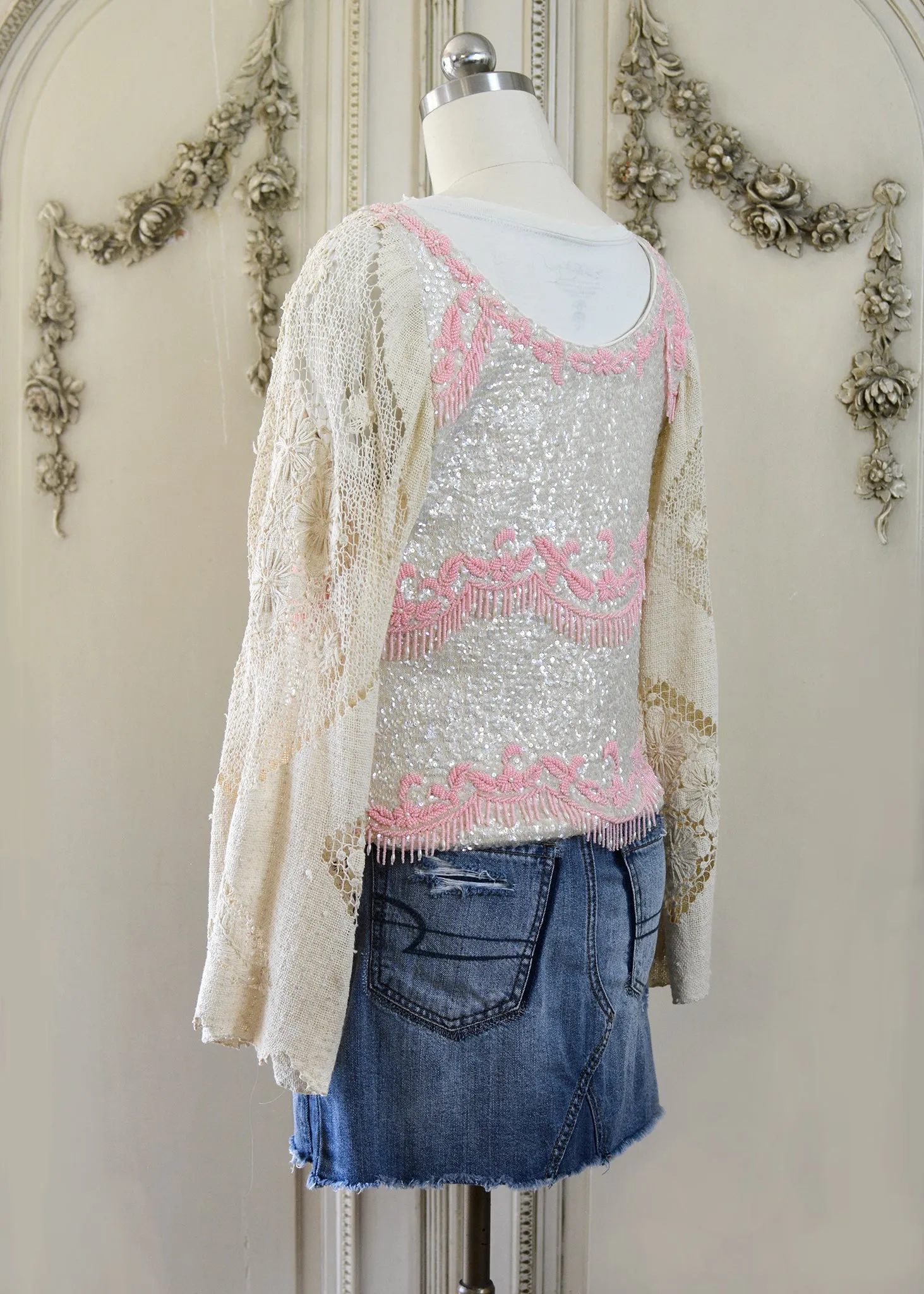 Mia Antique Hand Embroidered Creme & Pink Sequin Jacket with Filet Lace Sleeves
