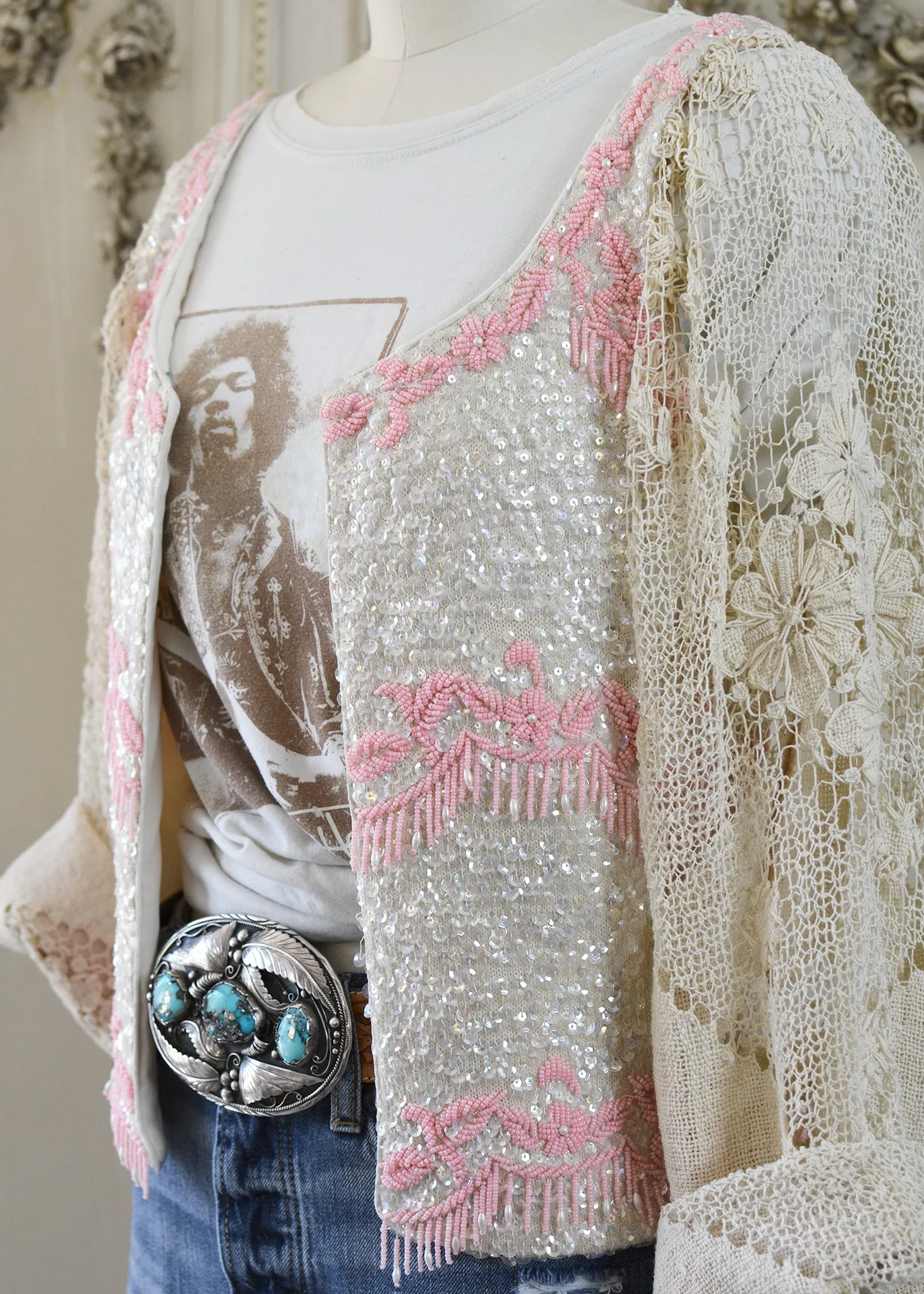 Mia Antique Hand Embroidered Creme & Pink Sequin Jacket with Filet Lace Sleeves