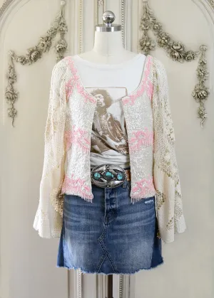 Mia Antique Hand Embroidered Creme & Pink Sequin Jacket with Filet Lace Sleeves