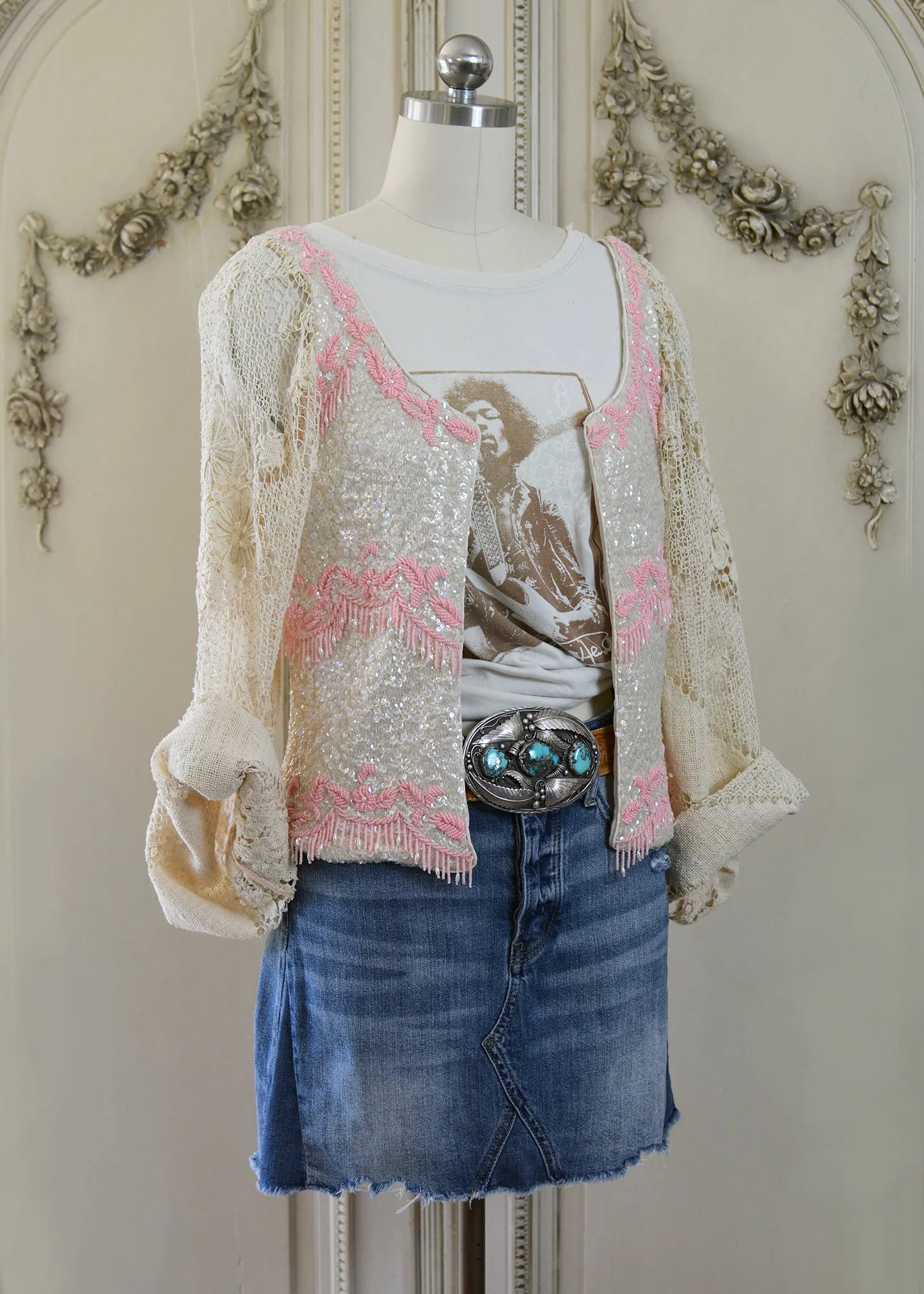 Mia Antique Hand Embroidered Creme & Pink Sequin Jacket with Filet Lace Sleeves