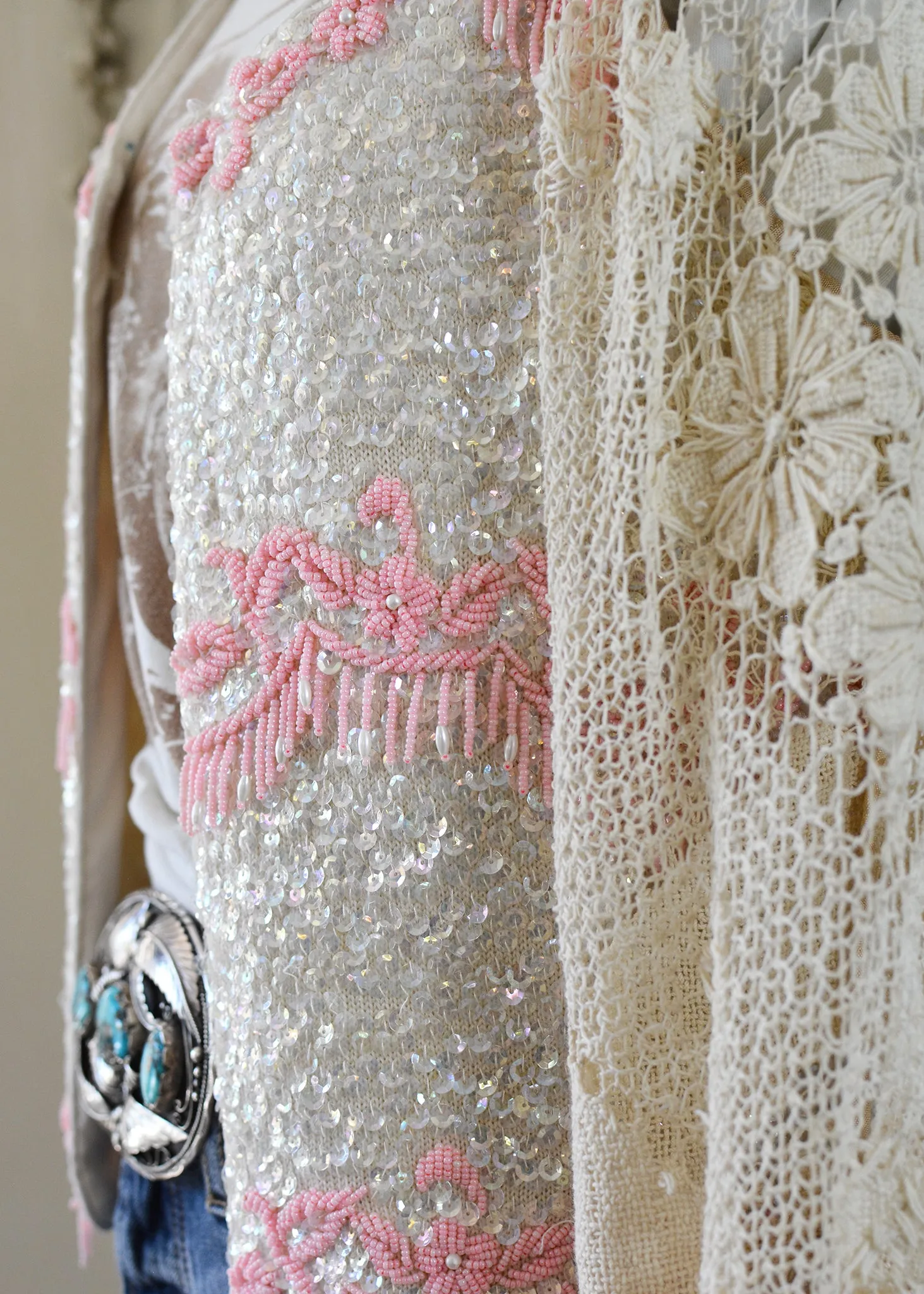 Mia Antique Hand Embroidered Creme & Pink Sequin Jacket with Filet Lace Sleeves