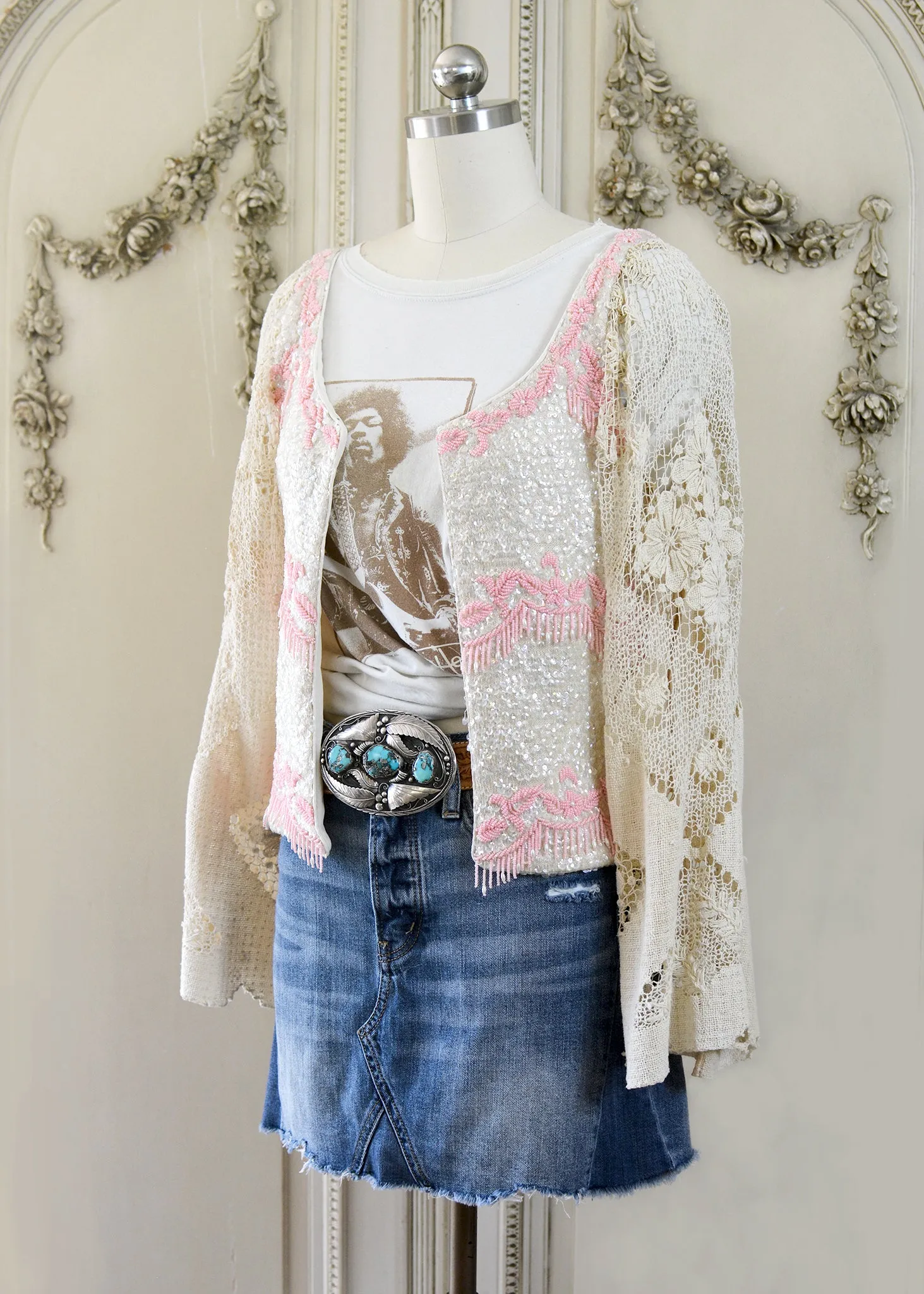 Mia Antique Hand Embroidered Creme & Pink Sequin Jacket with Filet Lace Sleeves