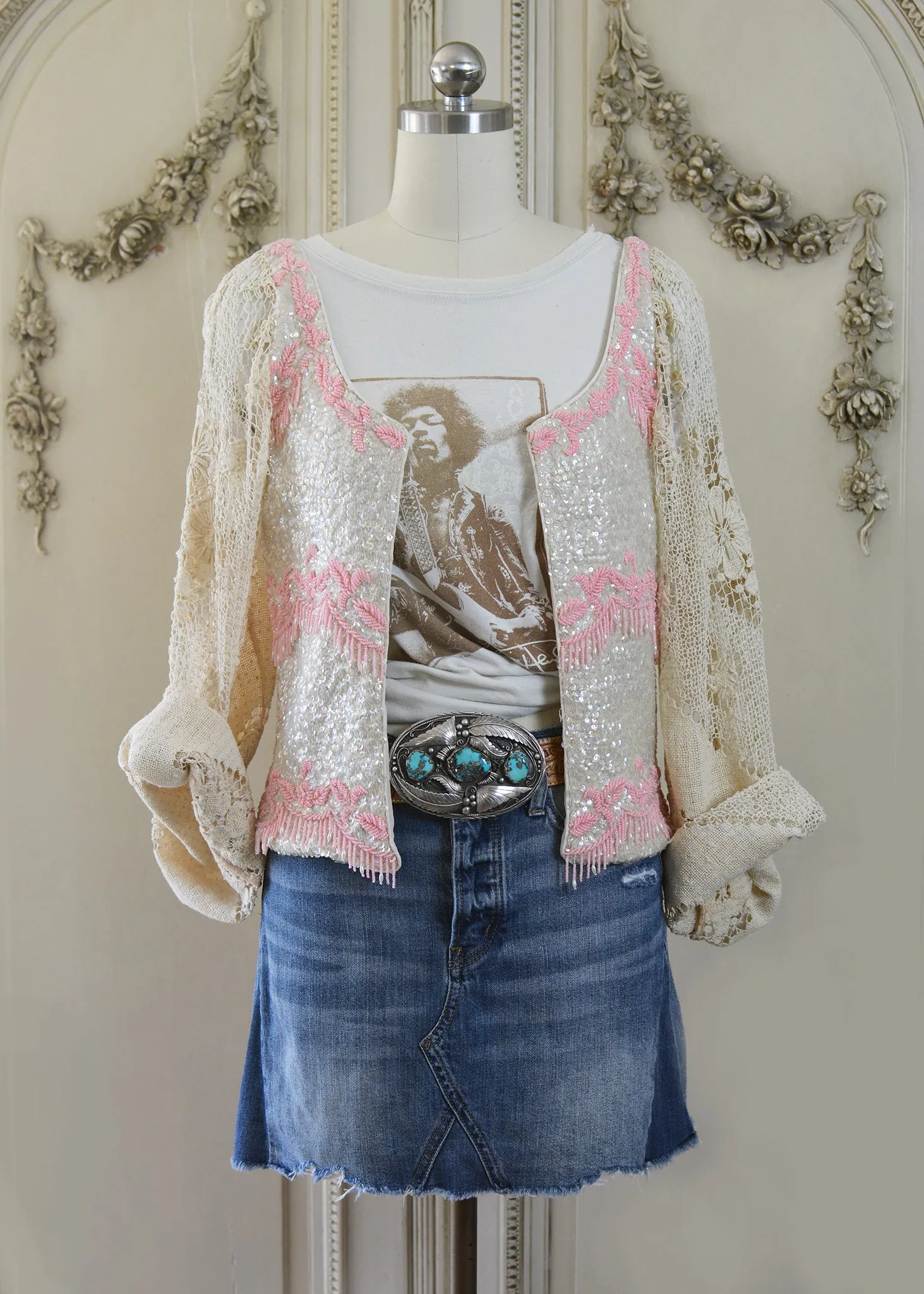 Mia Antique Hand Embroidered Creme & Pink Sequin Jacket with Filet Lace Sleeves