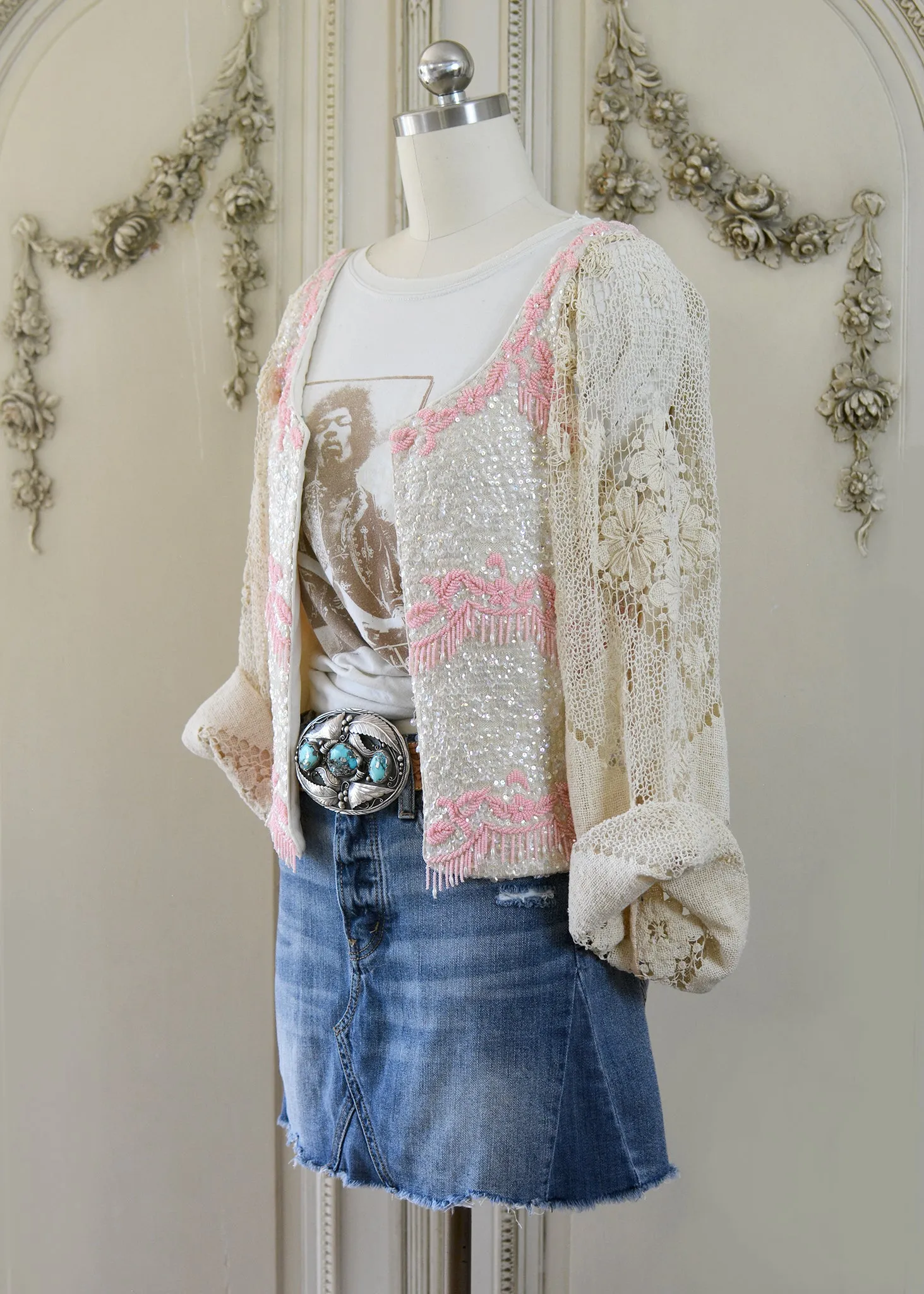 Mia Antique Hand Embroidered Creme & Pink Sequin Jacket with Filet Lace Sleeves
