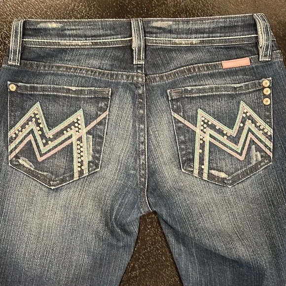 Miss Me Pink and Blue Bedazzled Back Pockets Straight Fit Jeans Size 27