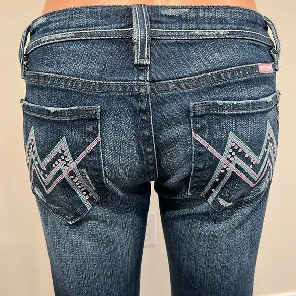 Miss Me Pink and Blue Bedazzled Back Pockets Straight Fit Jeans Size 27