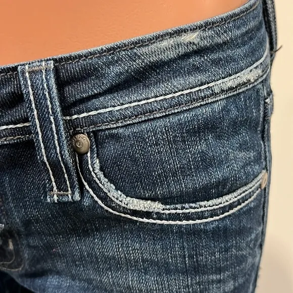Miss Me Pink and Blue Bedazzled Back Pockets Straight Fit Jeans Size 27
