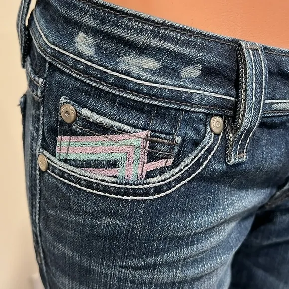 Miss Me Pink and Blue Bedazzled Back Pockets Straight Fit Jeans Size 27