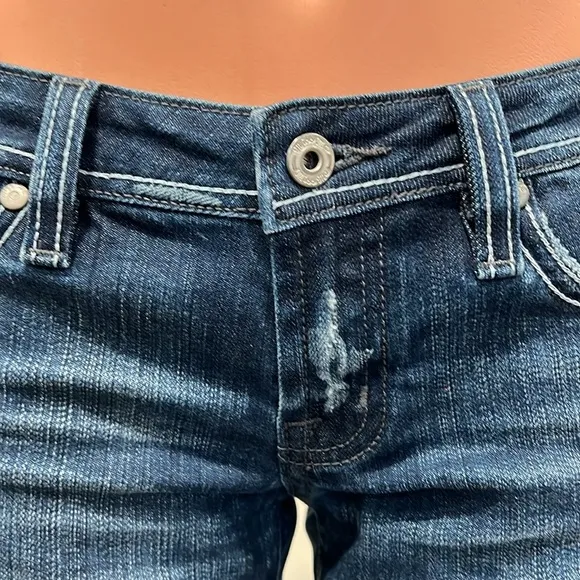 Miss Me Pink and Blue Bedazzled Back Pockets Straight Fit Jeans Size 27