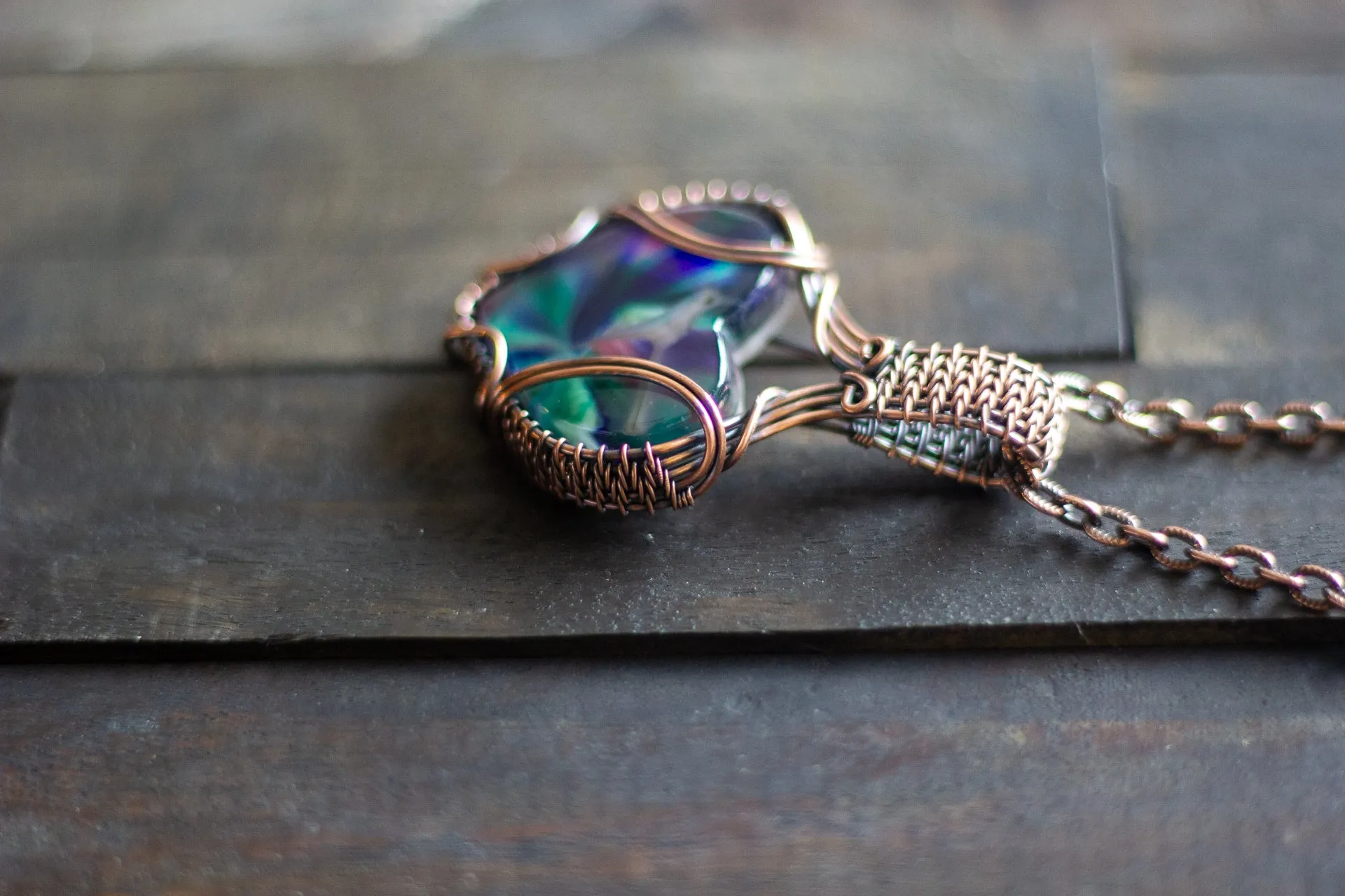 Multi-color Swirl Heart Fused Glass Pendant with Copper Wire Wrapping