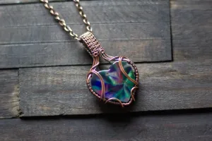 Multi-color Swirl Heart Fused Glass Pendant with Copper Wire Wrapping