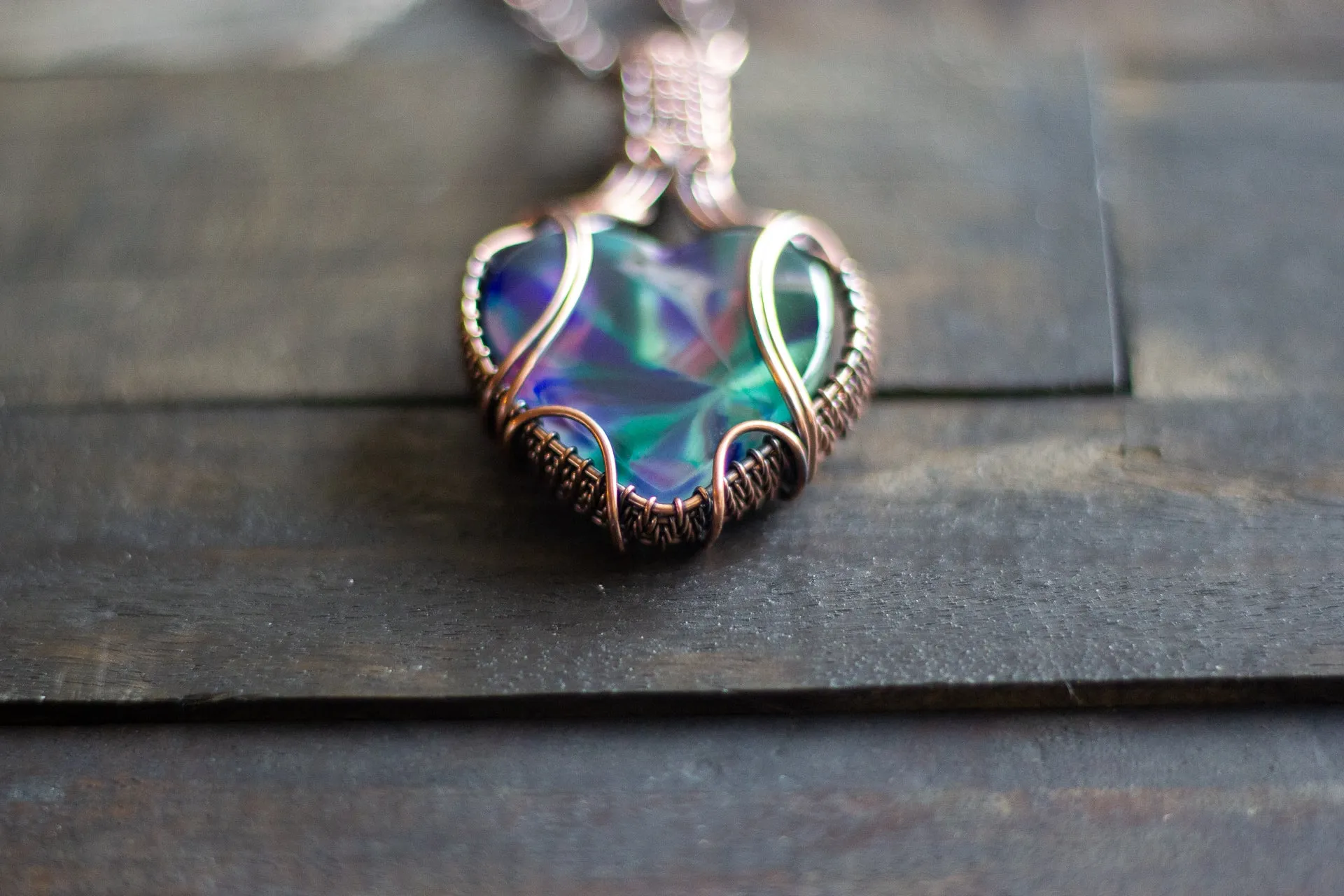 Multi-color Swirl Heart Fused Glass Pendant with Copper Wire Wrapping