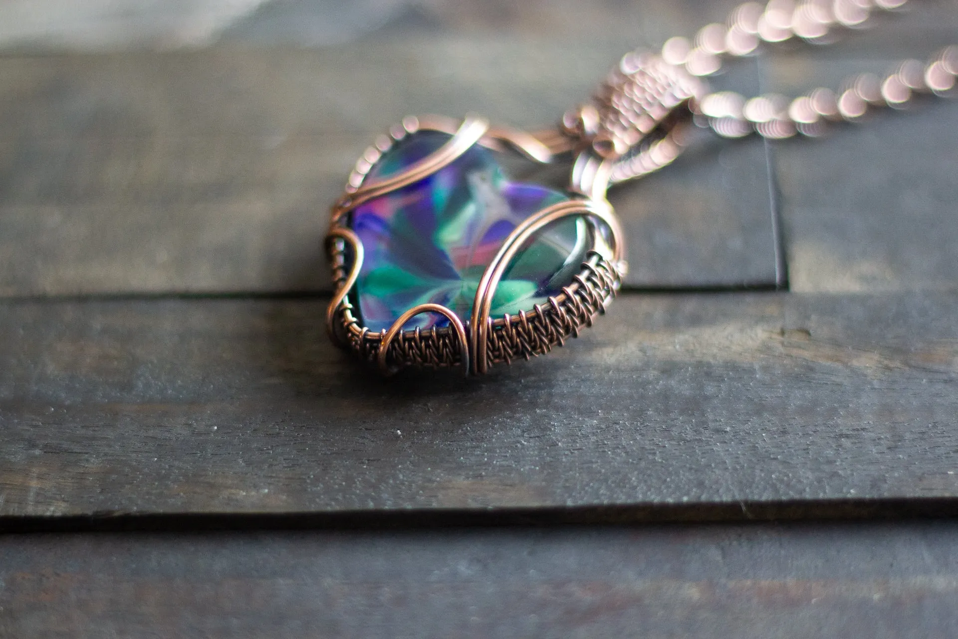 Multi-color Swirl Heart Fused Glass Pendant with Copper Wire Wrapping