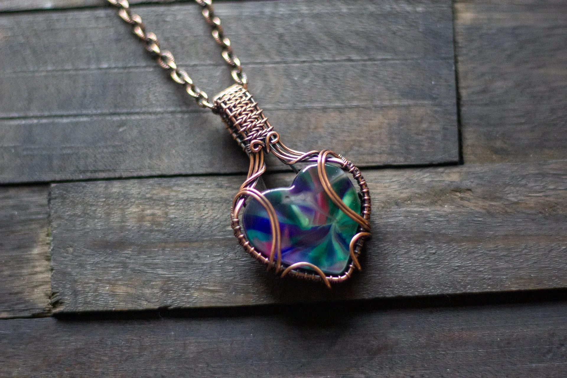 Multi-color Swirl Heart Fused Glass Pendant with Copper Wire Wrapping