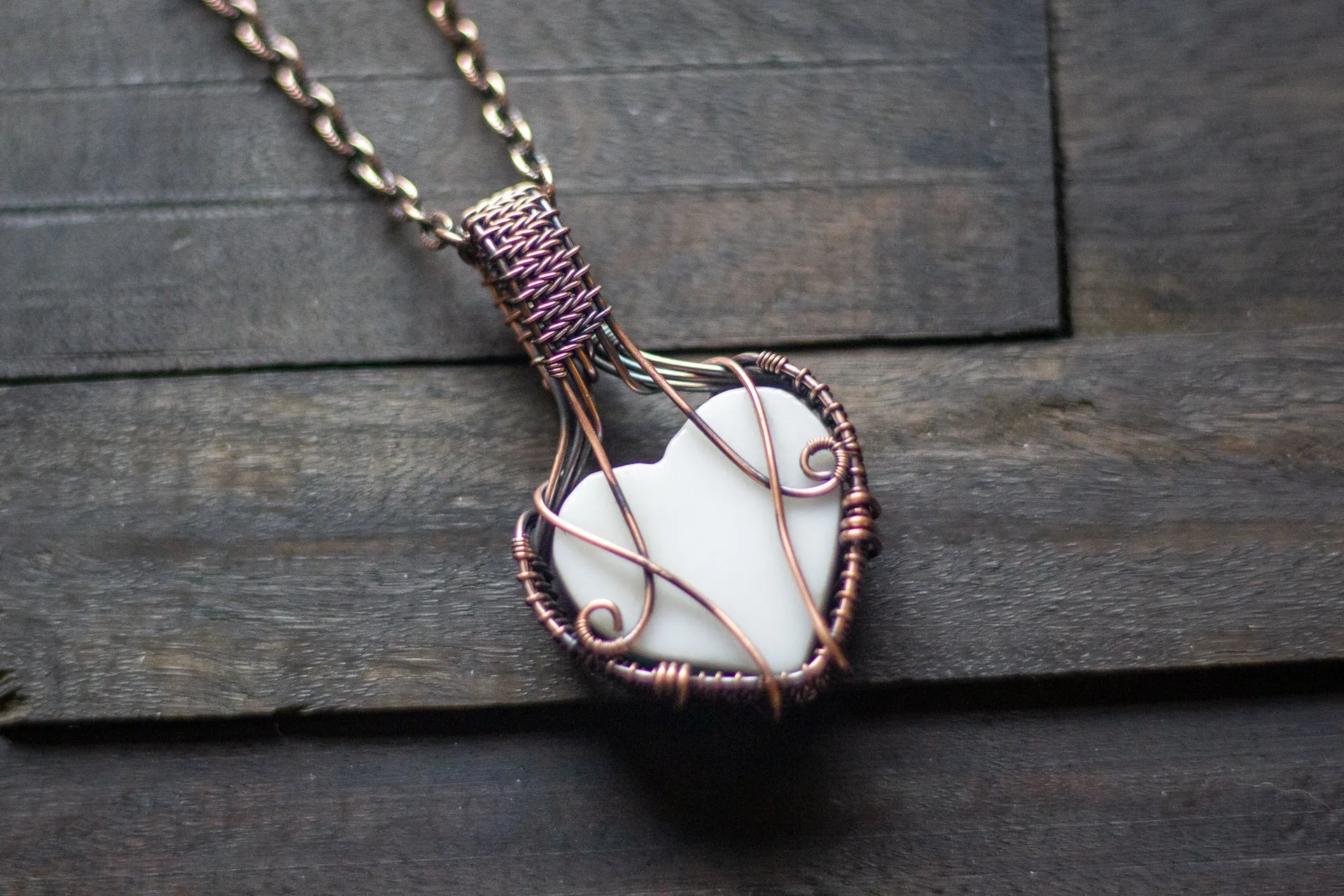 Multi-color Swirl Heart Fused Glass Pendant with Copper Wire Wrapping