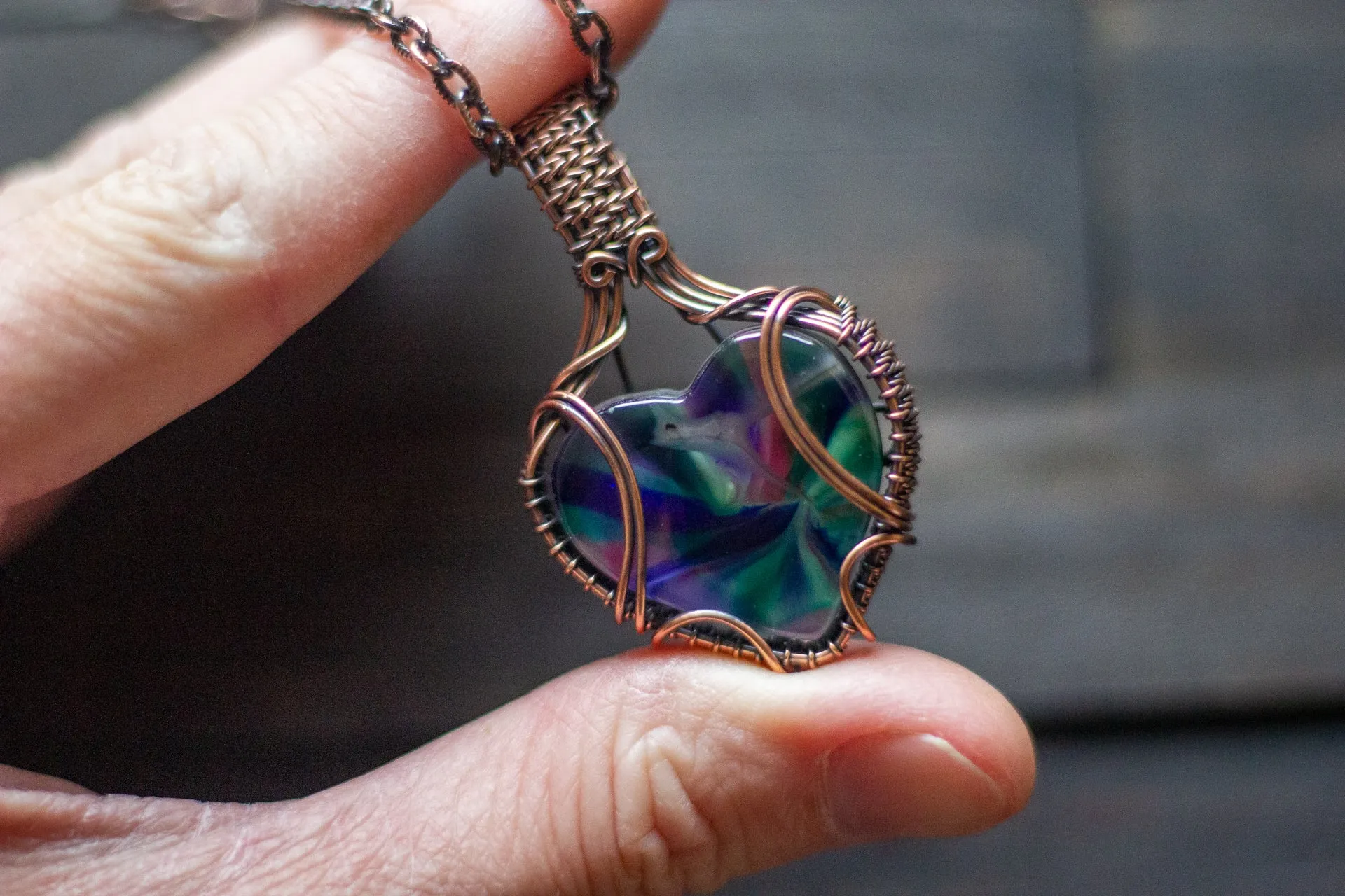 Multi-color Swirl Heart Fused Glass Pendant with Copper Wire Wrapping