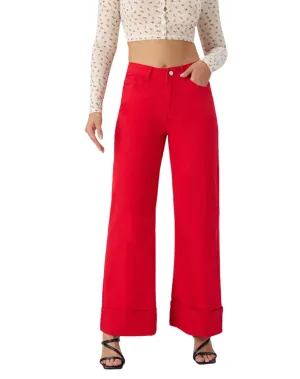 Myzellia Wide Leg Jeans Woman Trendy Cuffed Demin Jeans High Waisted Stretchy Sweatpant Jeans RedLarge