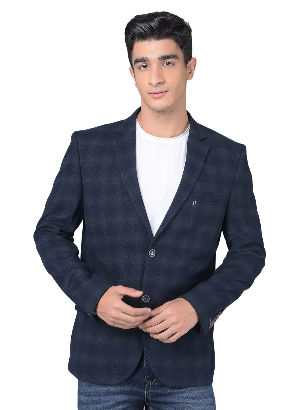 Navy Blue Checked Single Breasted Blazer