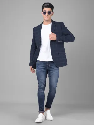 Navy Blue Checked Single Breasted Blazer