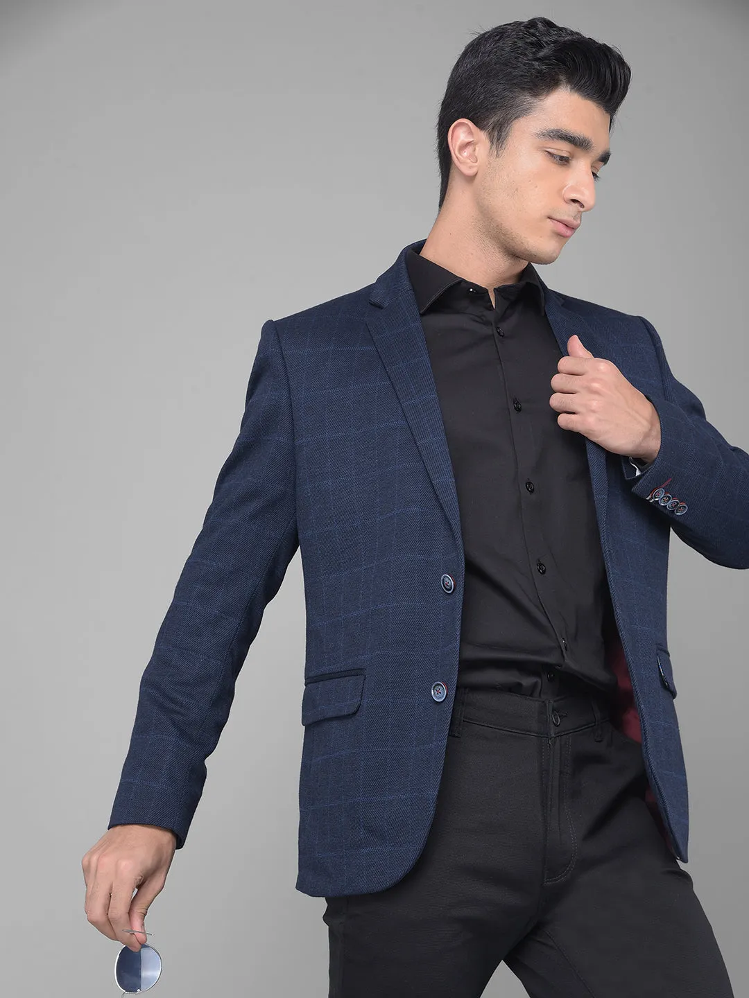 Navy Blue Checked Single Breasted Blazer