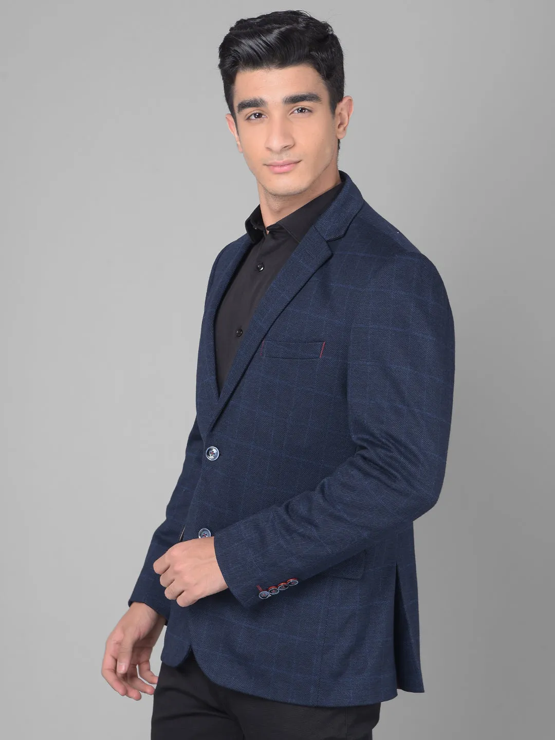 Navy Blue Checked Single Breasted Blazer
