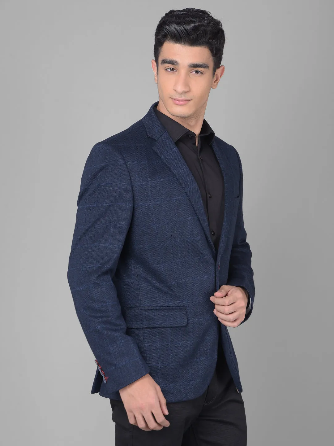 Navy Blue Checked Single Breasted Blazer