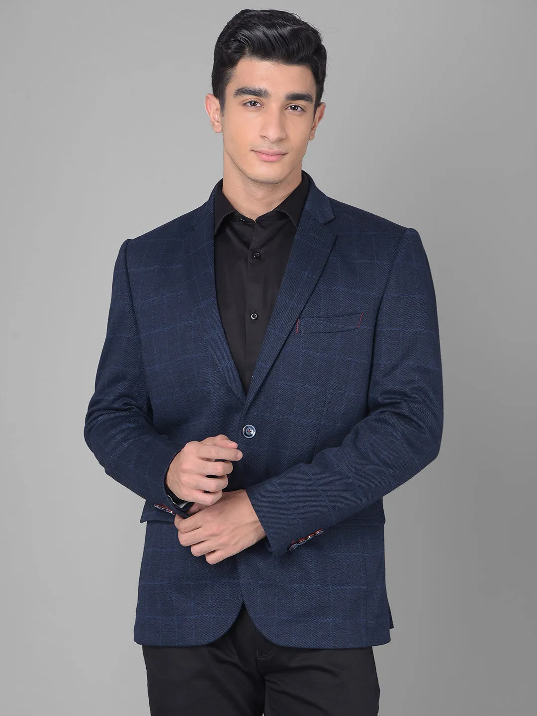 Navy Blue Checked Single Breasted Blazer