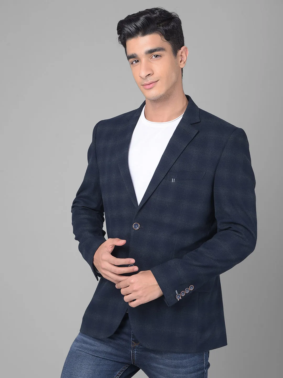 Navy Blue Checked Single Breasted Blazer