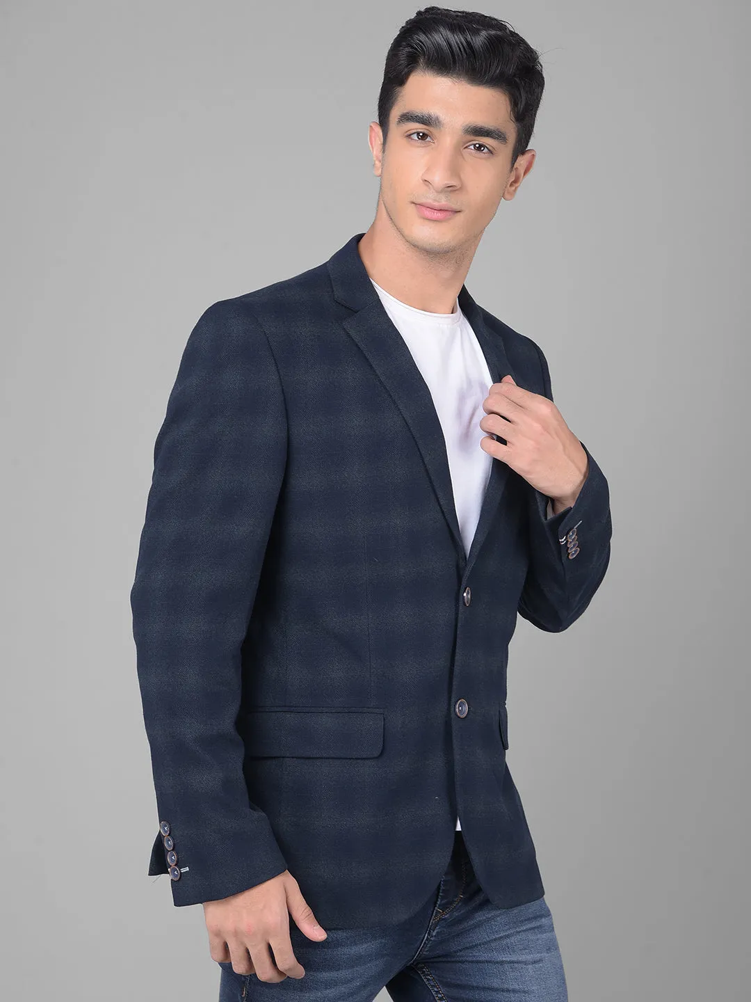Navy Blue Checked Single Breasted Blazer