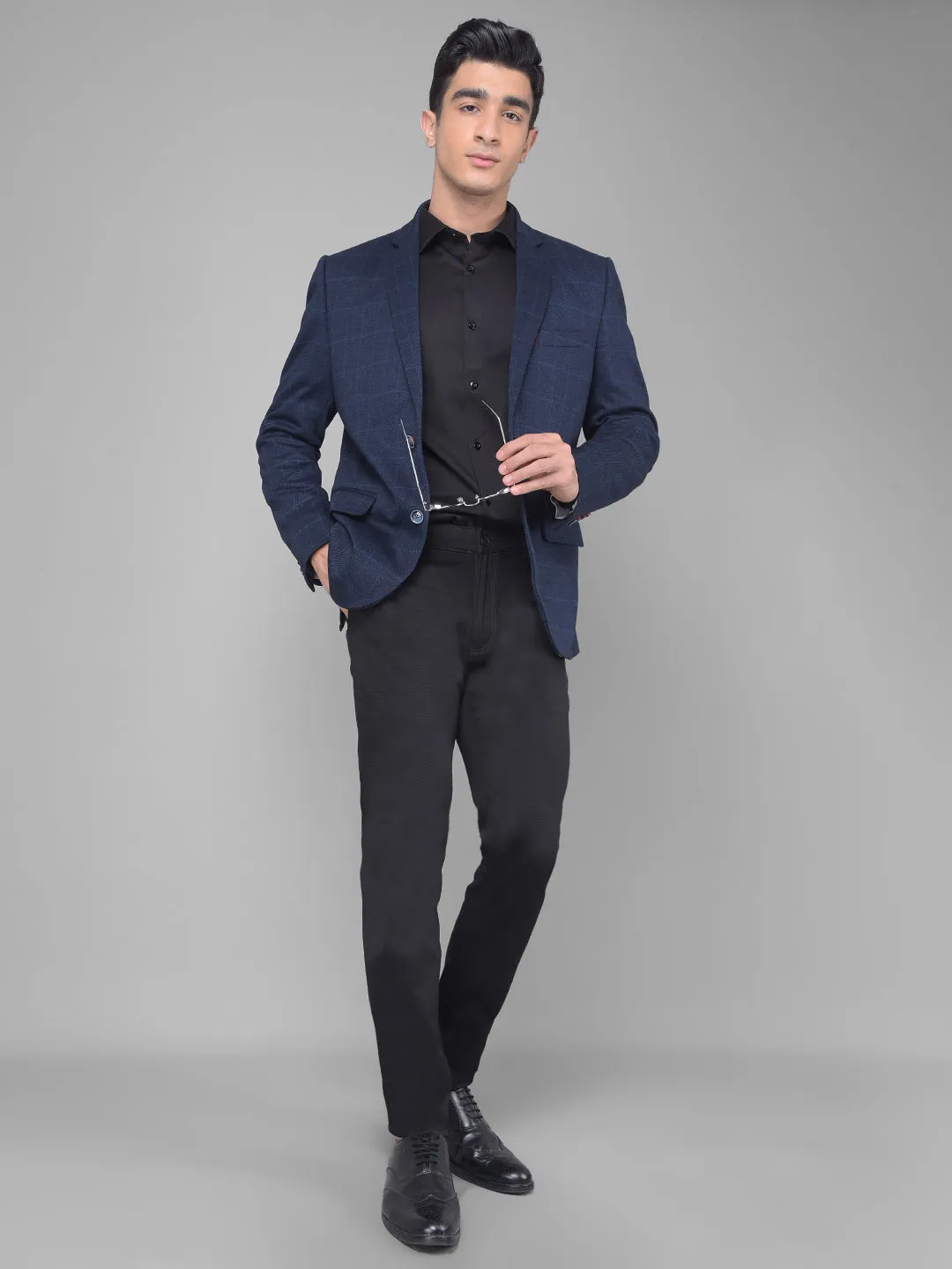 Navy Blue Checked Single Breasted Blazer