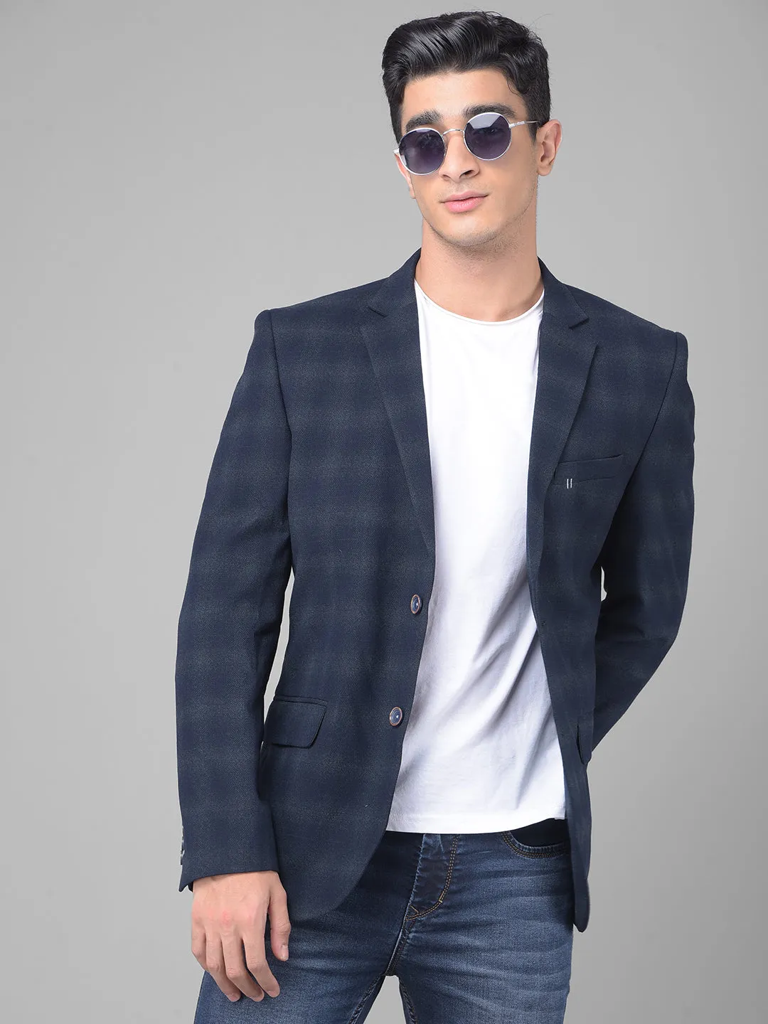 Navy Blue Checked Single Breasted Blazer