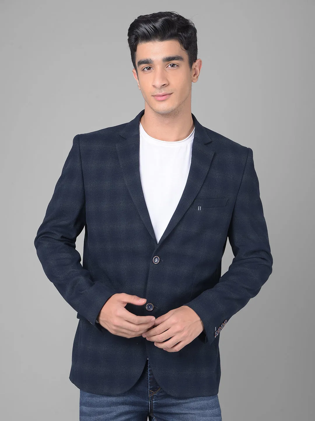 Navy Blue Checked Single Breasted Blazer