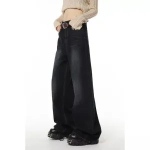 Navy Blue High Waist Women's Jeans American Fashion Vintage Streetwear Wide Leg Jeans Baggy Denim Trouser Pants