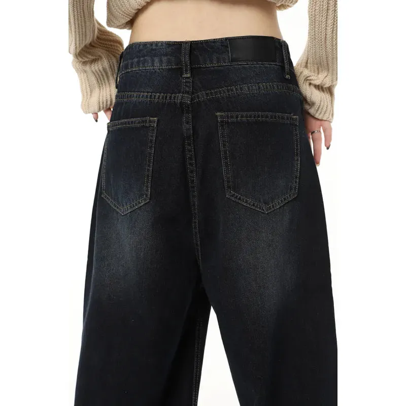 Navy Blue High Waist Women's Jeans American Fashion Vintage Streetwear Wide Leg Jeans Baggy Denim Trouser Pants