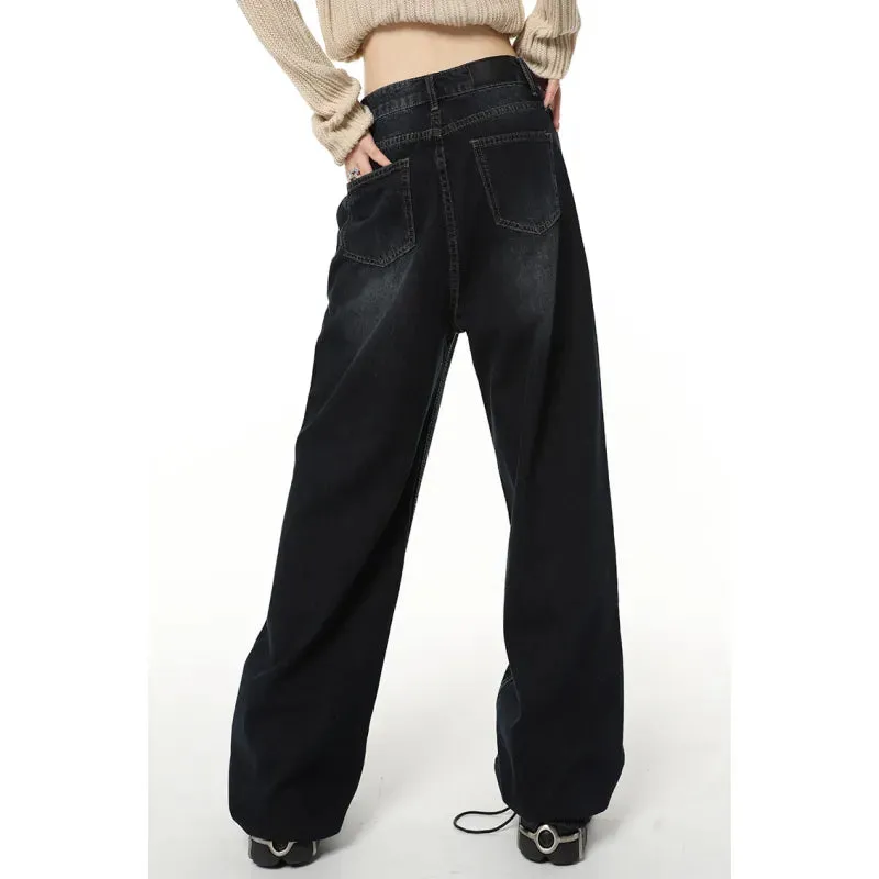 Navy Blue High Waist Women's Jeans American Fashion Vintage Streetwear Wide Leg Jeans Baggy Denim Trouser Pants