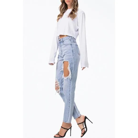 NEW JELLY JEANS high-rise distressed tapered jeans in light blue