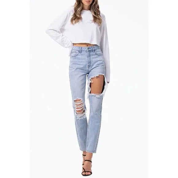 NEW JELLY JEANS high-rise distressed tapered jeans in light blue