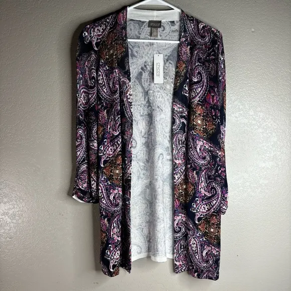 New Purple &amp; Dusk Navy Brushed Paisley Everyday Open Front Cardigan Size Small