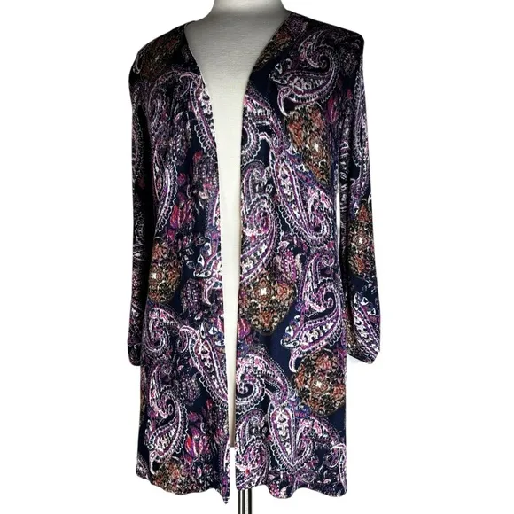New Purple &amp; Dusk Navy Brushed Paisley Everyday Open Front Cardigan Size Small