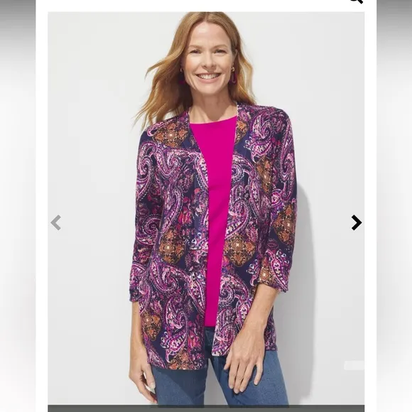 New Purple &amp; Dusk Navy Brushed Paisley Everyday Open Front Cardigan Size Small