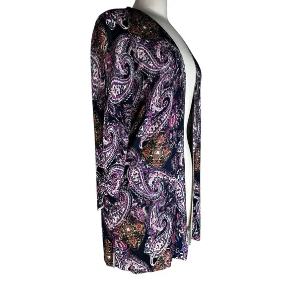 New Purple &amp; Dusk Navy Brushed Paisley Everyday Open Front Cardigan Size Small