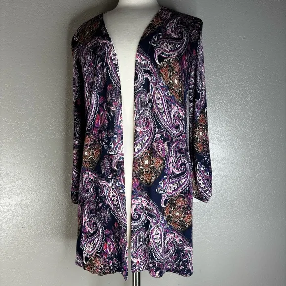 New Purple &amp; Dusk Navy Brushed Paisley Everyday Open Front Cardigan Size Small