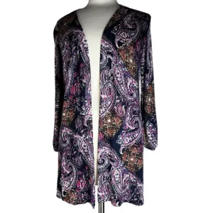 New Purple &amp; Dusk Navy Brushed Paisley Everyday Open Front Cardigan Size Small