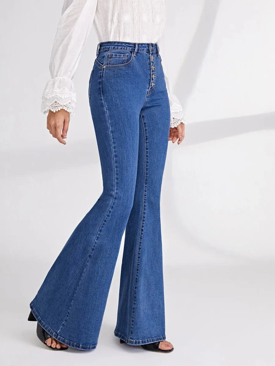 New Shein Button Fly Flare Leg Jeans, Sz S