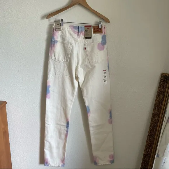 NWT Levi’s 501 Straight Leg 100% Cotton Denim Jeans Off White Tie Dye Pink Blue