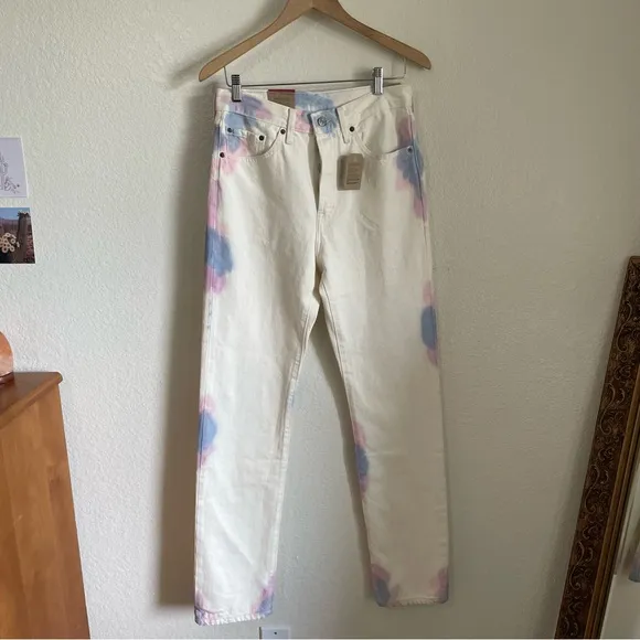 NWT Levi’s 501 Straight Leg 100% Cotton Denim Jeans Off White Tie Dye Pink Blue