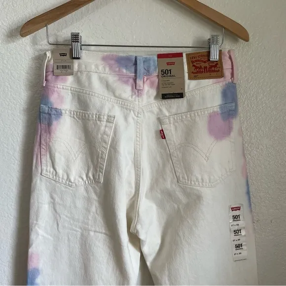 NWT Levi’s 501 Straight Leg 100% Cotton Denim Jeans Off White Tie Dye Pink Blue